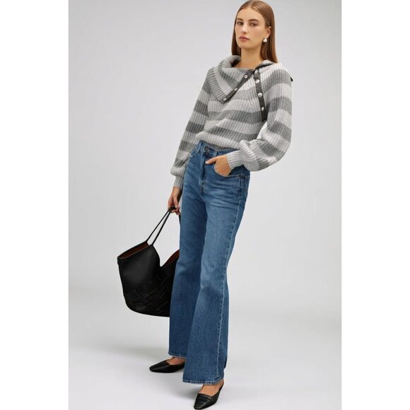 Derek Lam 10 Crosby Gray Striped Button Neck Sweater Ribbed Knit Small - Picture 4 of 7